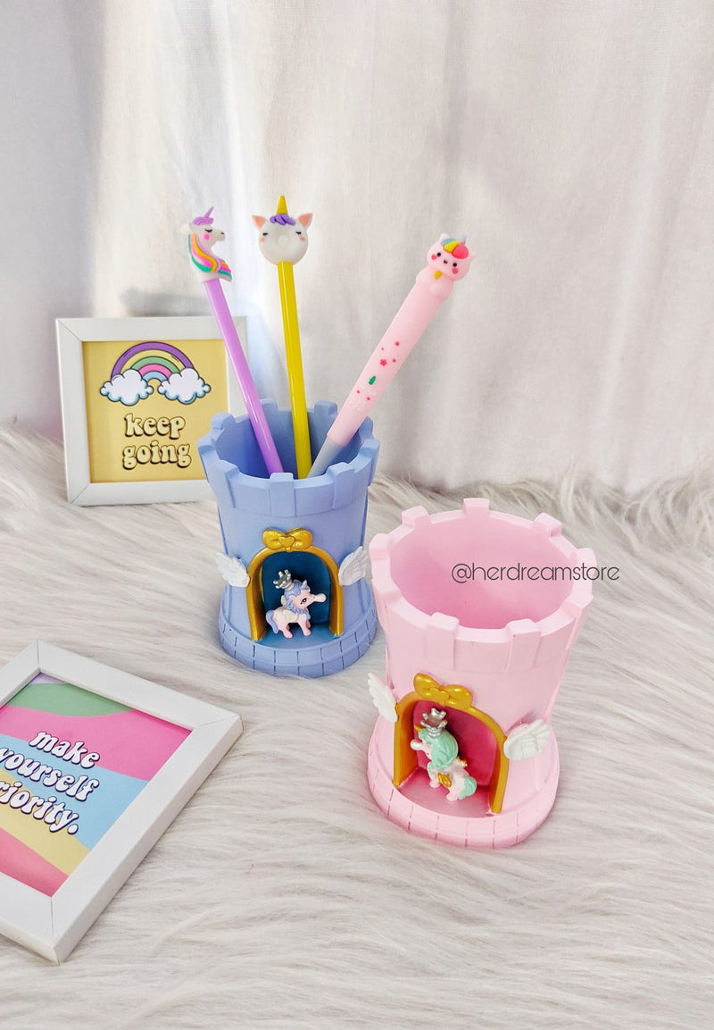 Unicorn Castle Tower Pen/Pencil Holder - Blue