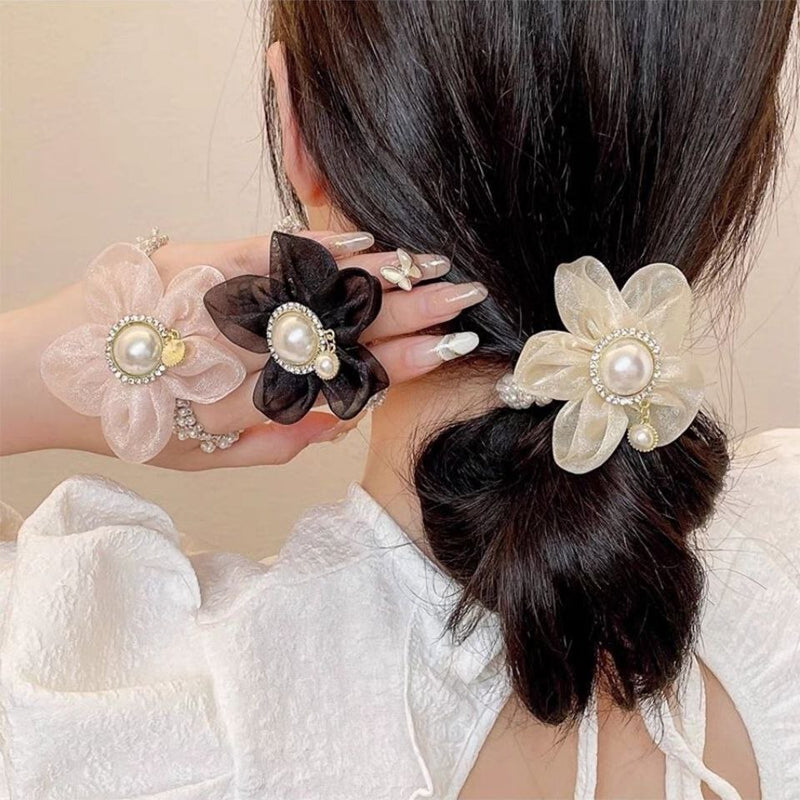 Flower Elastic Pearl Hair Ties